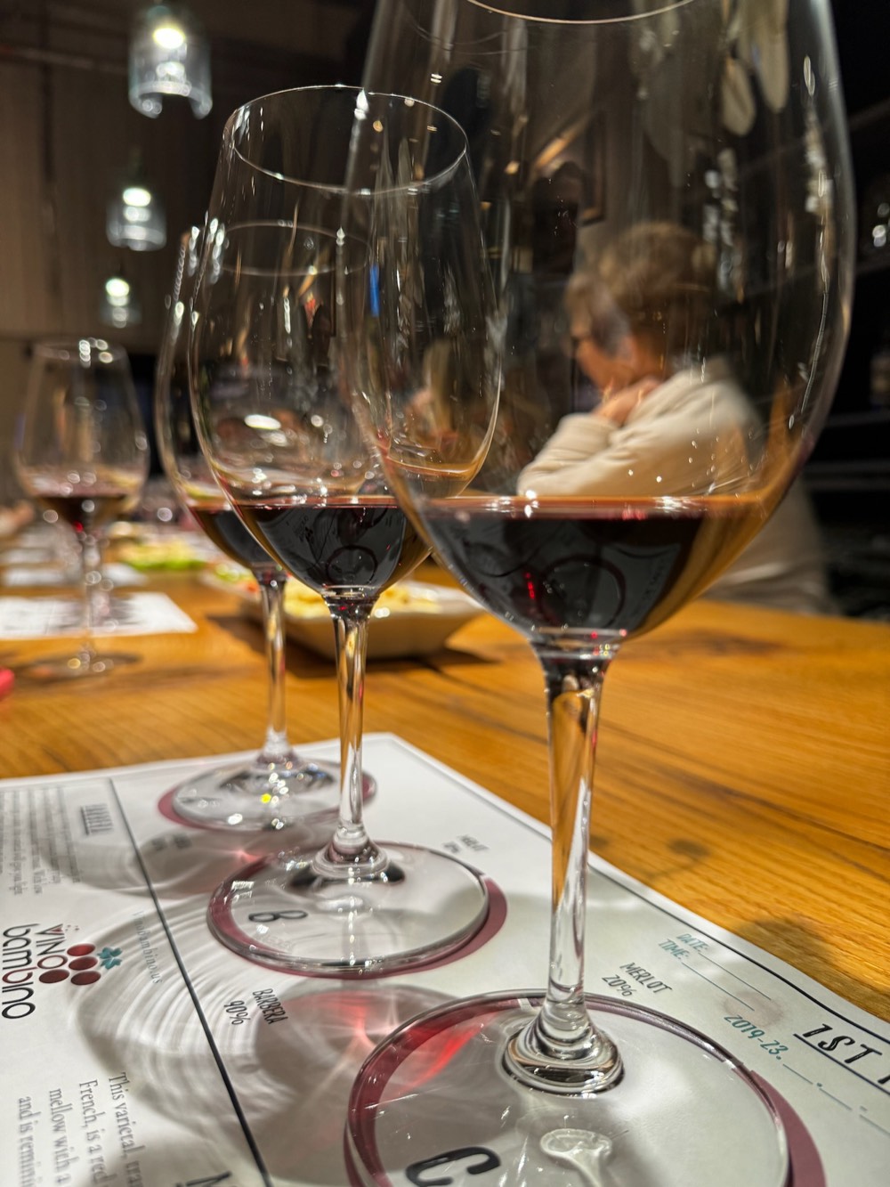 Red wine glasses on a Vino Bambino blending placemat